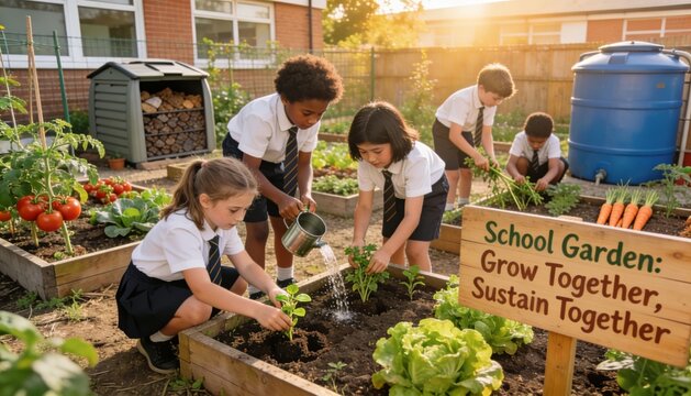 Schoolyard with vegetable garden sign and students working near colorful raised beds