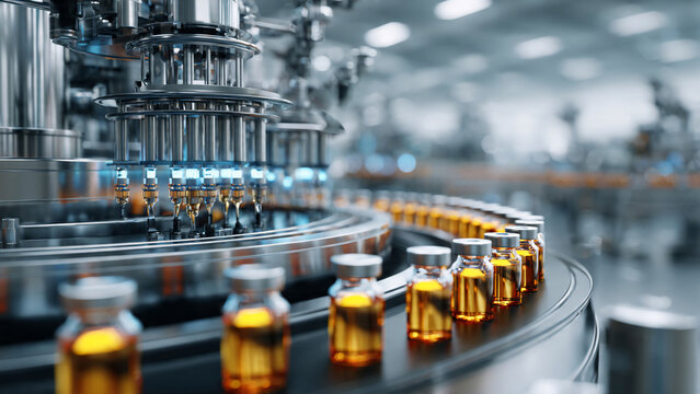 Automated pharmaceutical production line with amber glass vials on conveyor belt, stainless steel filling machinery with blue LED lights in sterile