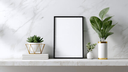 Fototapeta premium Minimalist marble shelf with blank black frame, succulent in geometric gold stand, and potted plants against veined marble wall, perfect for interior