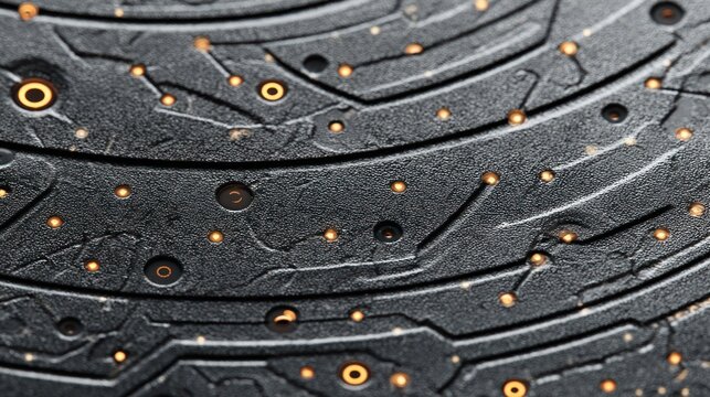 Detailed macro view of dark textured surface featuring embedded glowing metallic studs in curved patterns