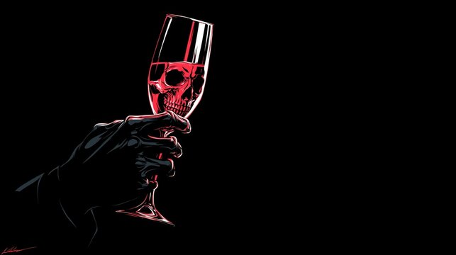 Dark Halloween Cocktail Glass with Skull Illustration Elegant Minimal Design Copy Space