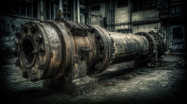 A heavily rusted cast iron pump housing with bolted seams sits in an abandoned industrial setting, showcasing decay and history.