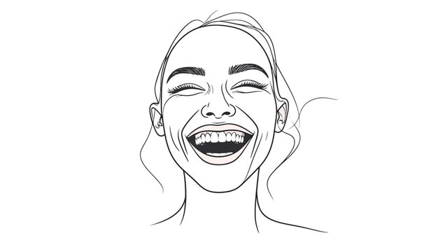 Line art illustration of a joyful woman laughing with her eyes closed and mouth wide open