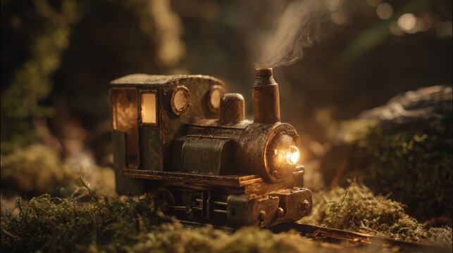Miniature antique steam engine train with detailed exhaust smoke and warm lighting on a natural track