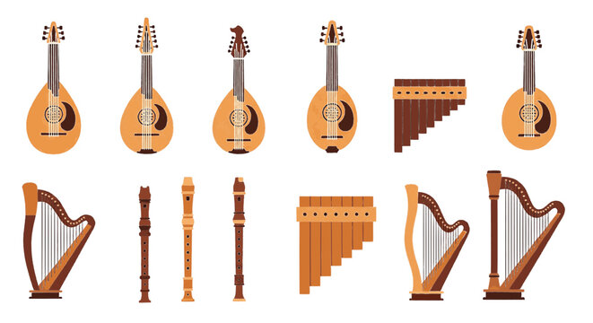 Traditional folk musical instruments set including mandolin and harp