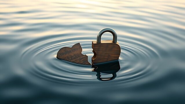millenary. A broken heart-shaped lock floating on calm water, split in two pieces in soft morning light. wellbeing guides, coaching materials, designed for coaching and self-improvement content.