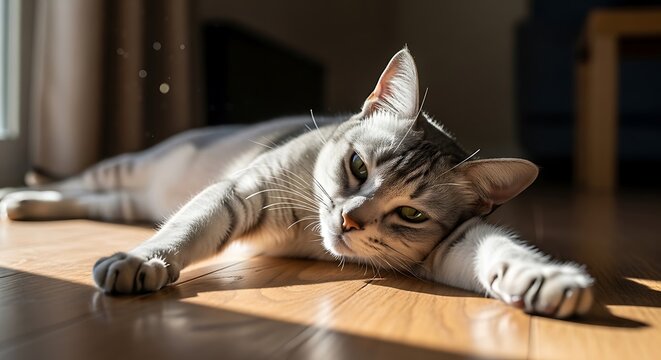 Relaxed cat lying on wooden floor.
