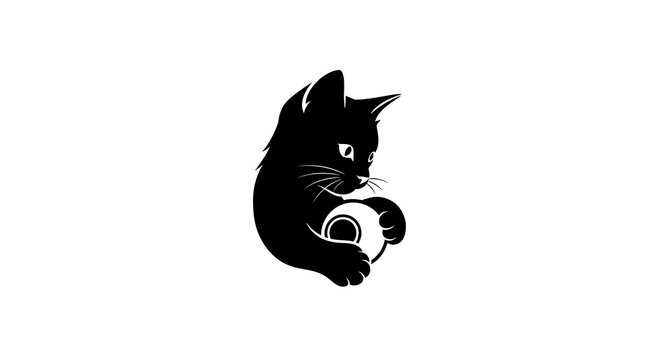 Black cat playing with white ball.
