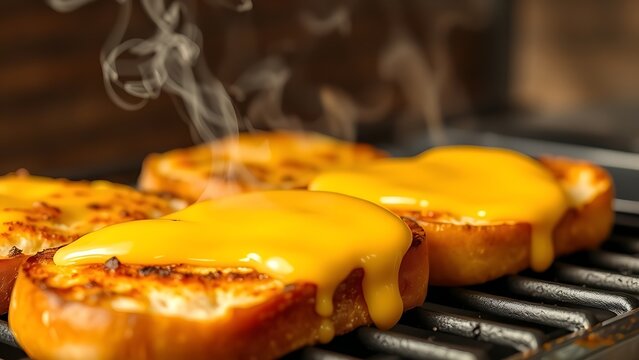 scamorza. Melted cheese dripping from bread on a grill with steam rising. menu design, packaging mockups, designed for food delivery and cloud-kitchen brand materials, used by art directors.