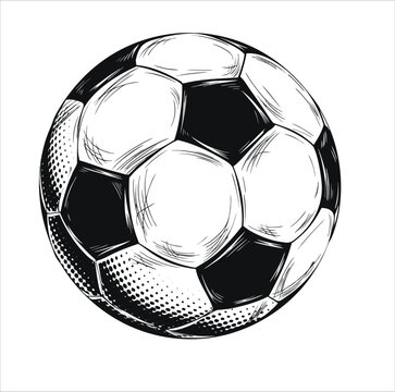 Classic football ball illustration with detailed panel lines and vintage engraving style. Isolated black and white design for sports branding, match visuals, and training materials. Clean iconic spher