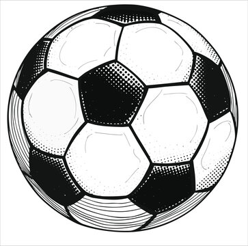 Classic football ball illustration with detailed panel lines and vintage engraving style. Isolated black and white design for sports branding, match visuals, and training materials. Clean iconic spher