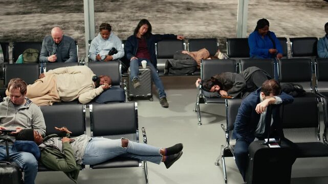 Fatigued people in airport lounge lying down on metallic benches during prolonged layover. Weary passengers resting on seats, dozing while waiting for plane, concept of flight delay, camera A