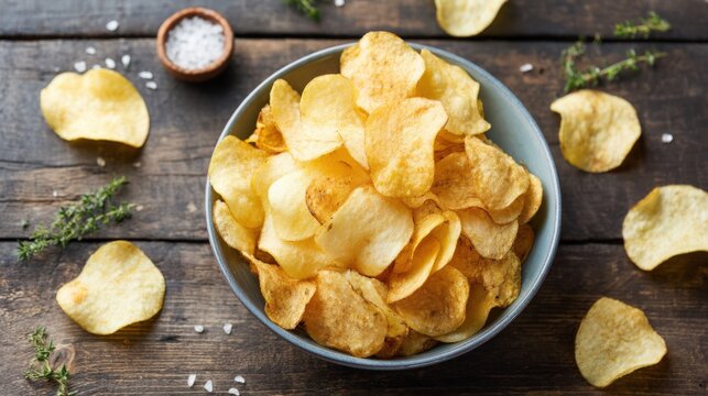 Top down view of a ceramic bowl filled with crispy potato chips on a wooden table with salt