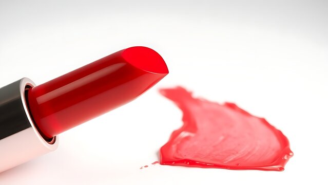 walgreens. Bright red lipstick texture smear, showcasing creamy cosmetic product detail on a clean white background. lifestyle magazines.