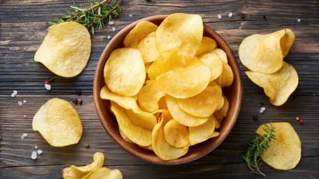 Top down view of a ceramic bowl filled with crispy potato chips on wooden table with herbs and salt
