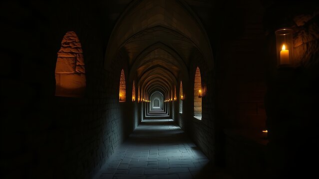 deferral. A narrow stone corridor with arched niches lit by flickering candles, deep perspective. real-estate listings.