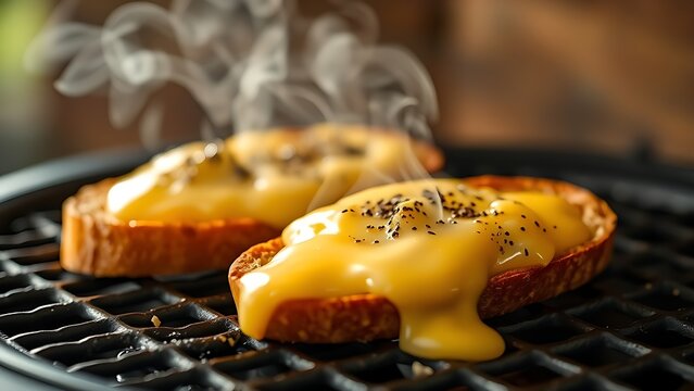 scamorza. Melted cheese dripping from bread on a grill with steam rising. menu design, packaging mockups, designed for food delivery and cloud-kitchen brand materials, used by art directors.