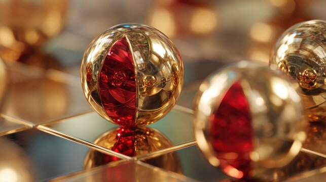 Reflective gold and red spherical objects rest upon a tiled surface.