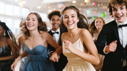 Obraz premium Group of teenagers in formal attire running together at a celebration with colorful decorations