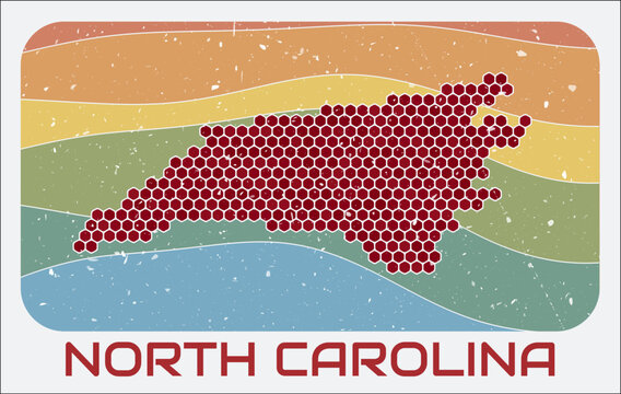 North Carolina, United States vintage logo. Hexagon dots shape of the state on retro colored stripe waves background. North Carolina, United States map design with grunge scratch texture.