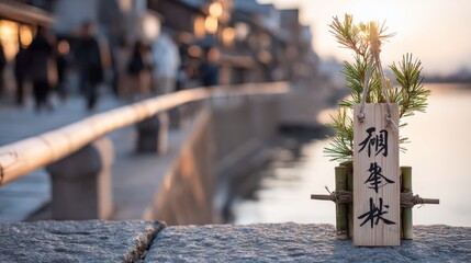 Traditional decorative element featuring pine branches rests on a stone surface beside a public walkway at sunset