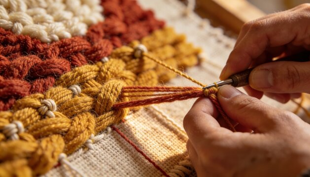 Traditional rug hooking with strips of fabric and hook tool shaping warm wool pattern