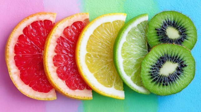Assortment of colorful citrus and fuzzy fruit slices arranged in a vibrant gradient