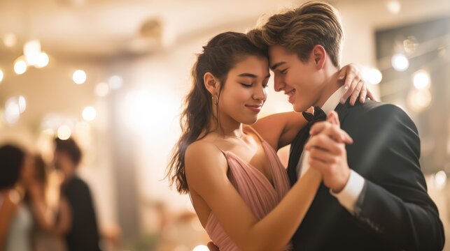 Young couple slow dancing closely at prom with elegant attire and soft lighting in the background