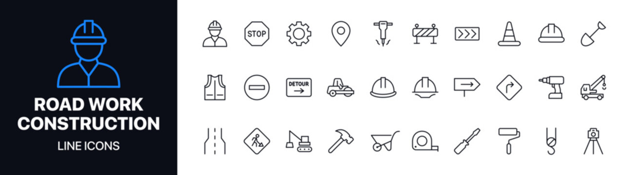 Clean road work construction line icons vector set featuring tools, safety equipment, traffic signs, and infrastructure symbols. Ideal for construction apps, websites, and industrial design projects.
