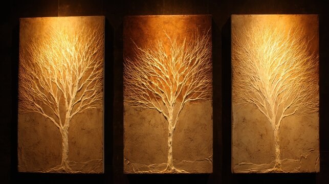 Three illuminated sculptural panels depict stylized, leafless trees against earthy backgrounds.