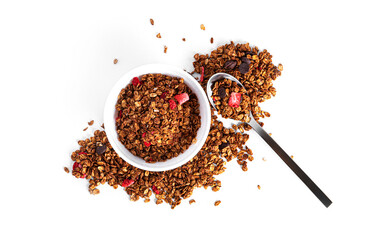 Granola isolated on a white background. Granola with chocolate and strawberries. © Рудой Максим