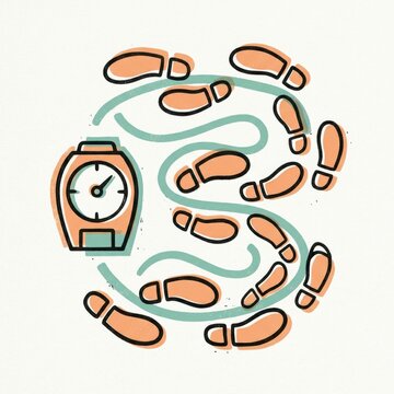Footprints connect to a counter pedometer, illustrating active movement for health and fitness. This design promotes physical activity and wellness.