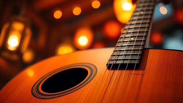 chords. Close-up of acoustic guitar with warm wood tones and glowing lantern lights. representing cultural heritage and milestone achievements.