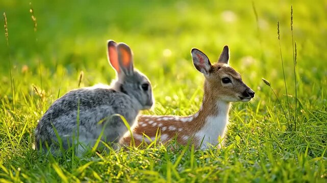 A cute fawn and a small rabbit resting together in a lush green meadow during a sunny spring day.