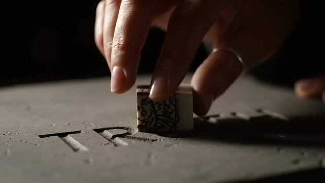 A hand erasing the word truth from a stone tablet.