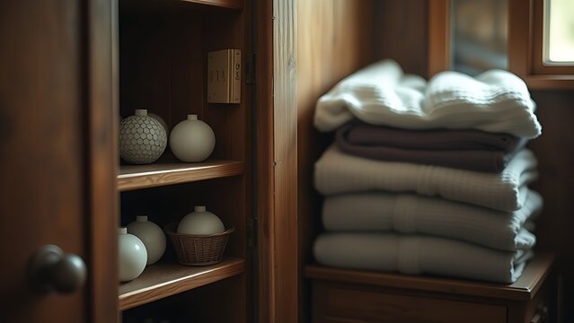 camphor. White camphor balls placed inside an antique wooden wardrobe with folded clothing. menu design, packaging mockups, designed for food delivery and cloud-kitchen brand materials.