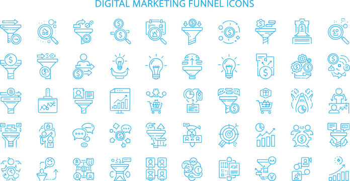 Digital marketing funnel icon set with conversion analytics sales strategy symbols in clean minimal line style for web and app design