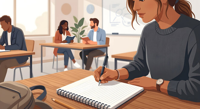 Student writing in a spiral notebook in a bright classroom