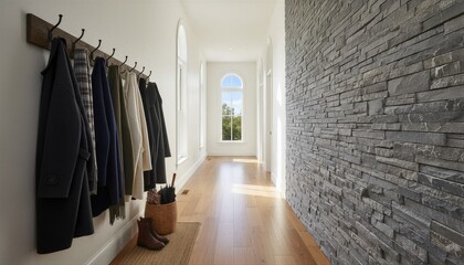 Naklejka premium Modern home hallway with gray stacked stone feature wall and wooden floor. Coats hanging on rack in entryway. Interior design renovation, house construction and residential architecture.