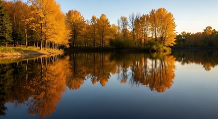 Obraz premium Autumn landscape featuring a serene lake with vibrant trees and reflections