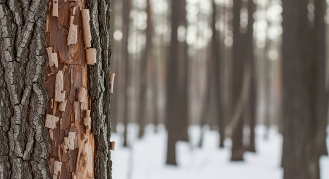Close up of textured pine tree bark in winter forest