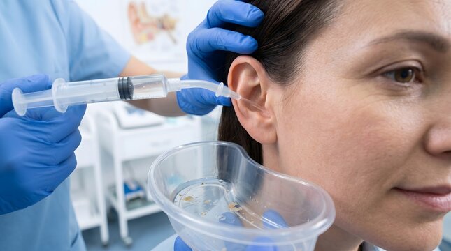 Ear irrigation procedure for earwax removal, doctor cleaning ear canal with syringe in clinic