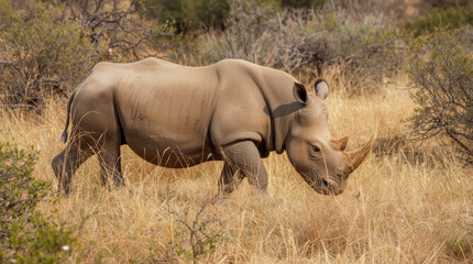 Obraz premium Young white rhinoceros grazing in dry savanna with tall golden grass and shrubs