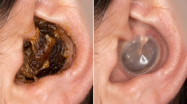 Ear wax blockage removal before and after, impacted cerumen cleaning concept, human ear canal close up