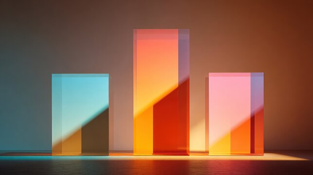 Translucent rectangular prisms display varying heights illuminated by contrasting warm and cool colored light.