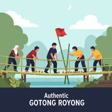 Authentic Indonesian Gotong Royong Community Building Bamboo Bridge Vector Illustration, Local Cultural Strength and Shared Responsibility Branding