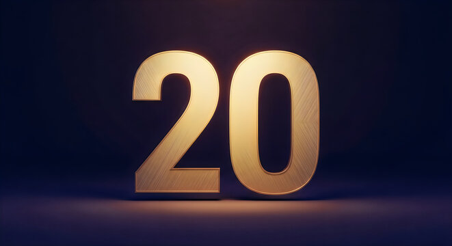 Glossy golden number twenty displayed against a dark background