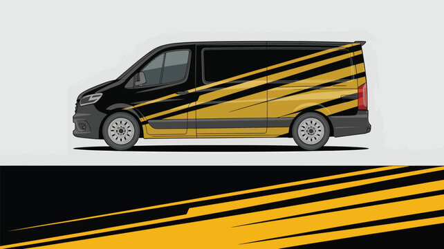 Black and yellow van side view.