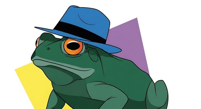 Cartoon frog wearing blue hat on white background
