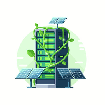 Dynamic 3D Eco-Tech Server Farm and Green Energy Infrastructure Vector Illustration, High Energy Maximalist Data Center and Sustainability Design